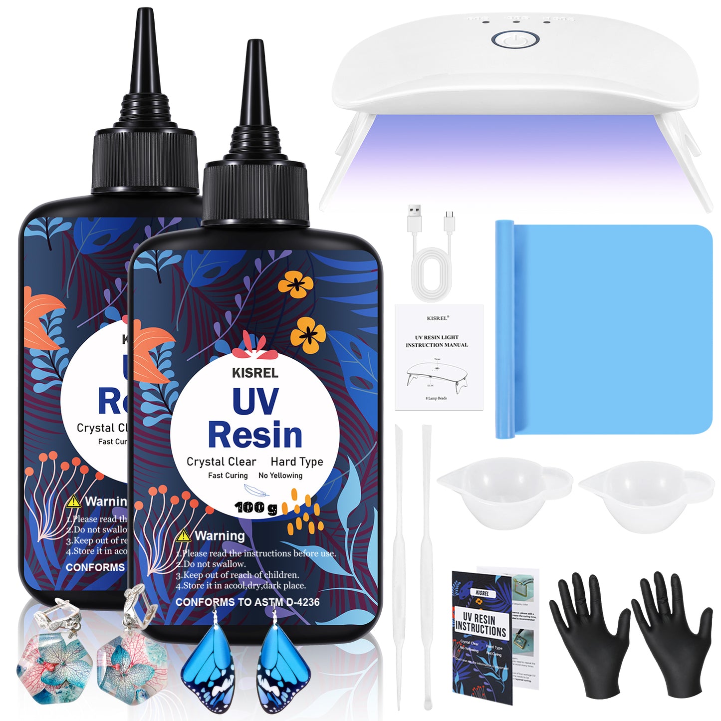 KISREL UV Resin Kit with Light, 200g Hard Type Clear UV Resin and UV Light