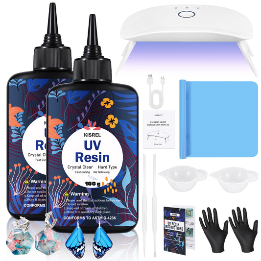KISREL UV Resin Kit with Light, 200g Hard Type Clear UV Resin and UV Light