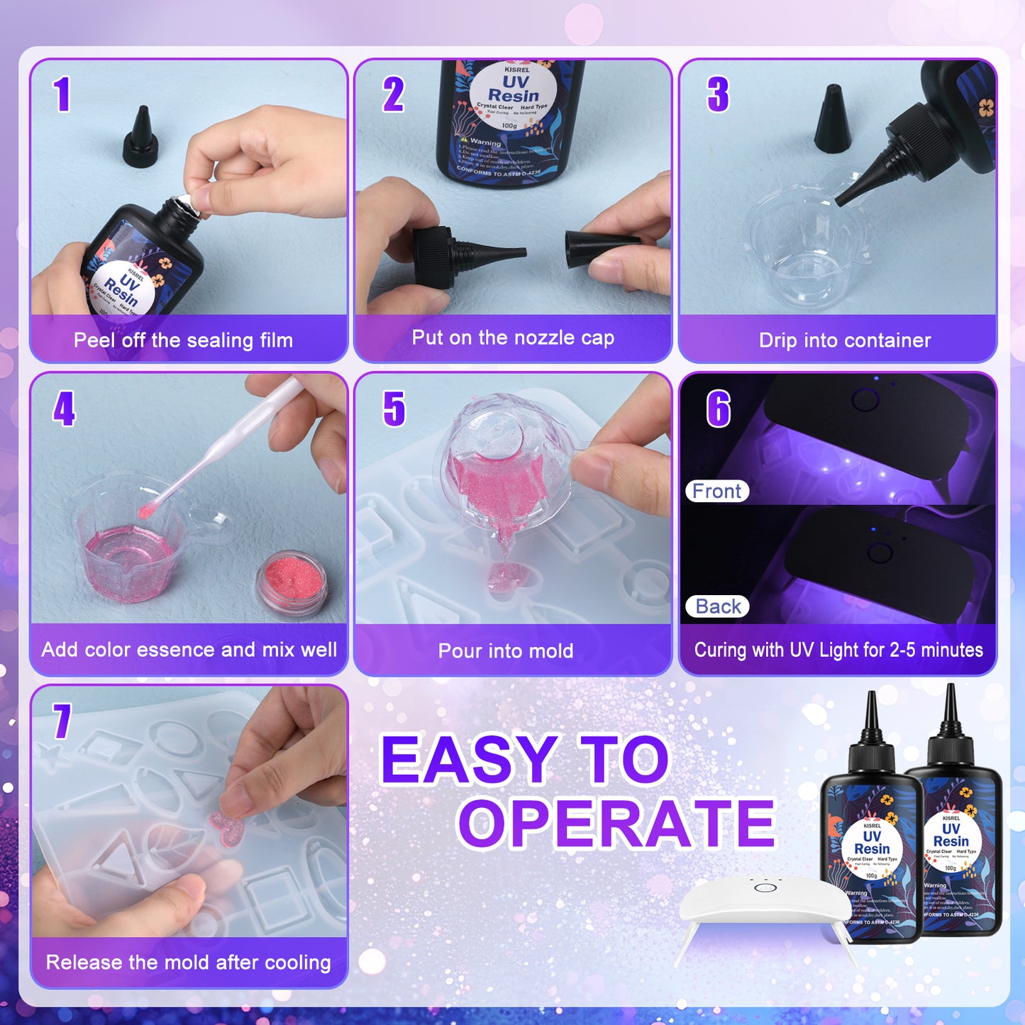 KISREL UV Resin Kit with Light, 200g Hard Type Clear UV Resin and UV Light